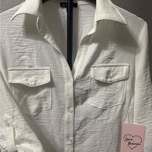 White Button-Front Pocket Blouse
